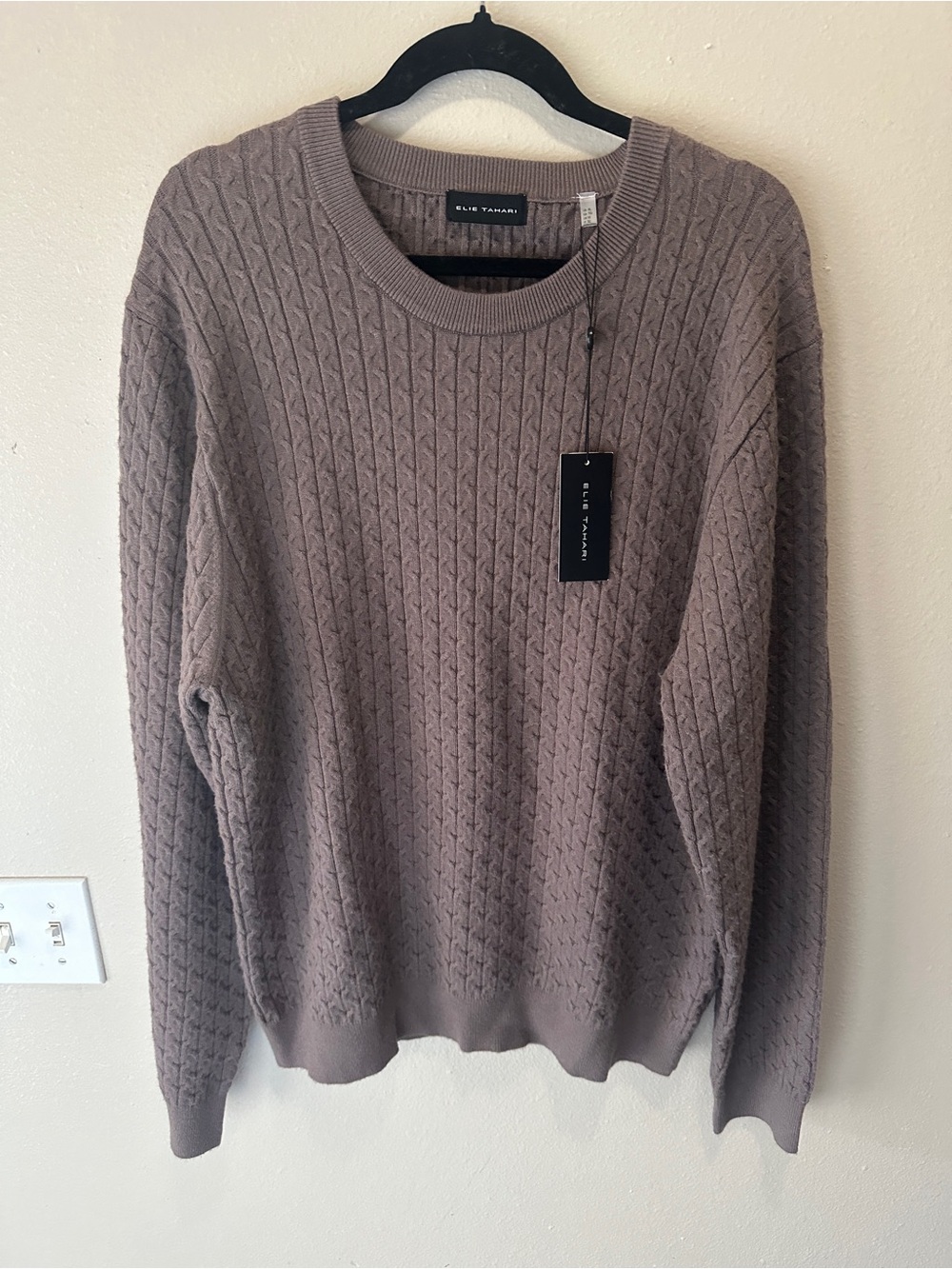 Elie Tahari Men's Taupe Cable Knit Crewneck Sweater